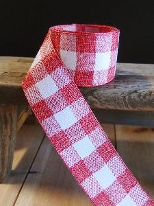 Red and White Check Faux Linen Ribbon   - 1.5" x 10yd 