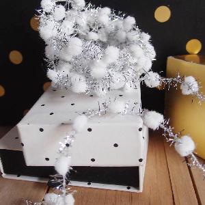 Wired White Pom Poms with Silver Tinsel - 10yd