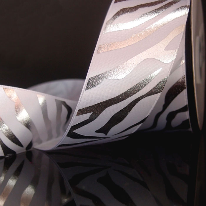 Silver Metallic Zebra Print on White Satin Ribbon