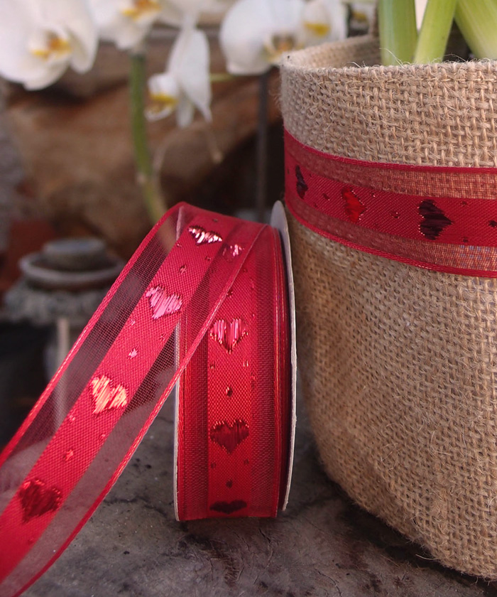 Satin and Sheer Wired Red Heart Ribbon - 1" x 10y