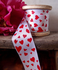 White Satin Ribbon with Red Hearts