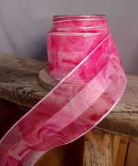 Hot Pink Rose Floral Print Satin/Sheer Ribbon with Wired Edge