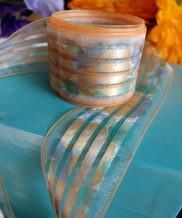 Orange Sheer Floral Ribbon with Satin Stripes