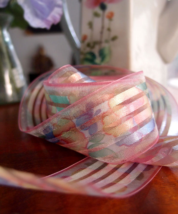 Pink Sheer Floral Ribbon with Satin Stripes