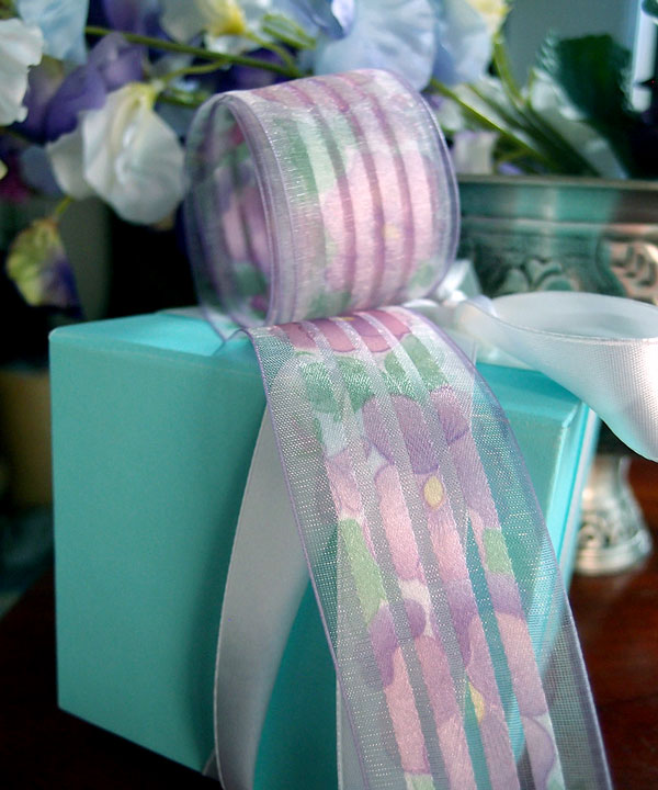 Lavender Sheer Floral Ribbon with Satin Stripes