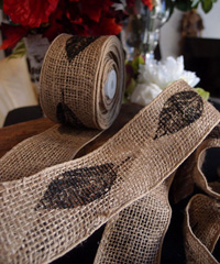 Wired Burlap Jute Ribbon with Black Leaf Print