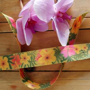 1  Hawaiian Flowers Yellow Satin Ribbon - 1" x 10 meters
