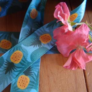 Hawaiian Pineapples Blue Satin Ribbon - 1 x 10 meters