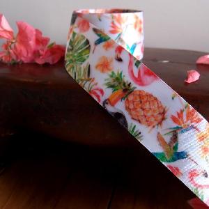 Tropical Flamingos White Satin Ribbon - 1  x 10 meters 