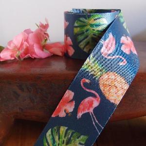 Tropical Flamingos Navy Satin Ribbon - 1  x 10 meters 