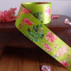 Tropical Flamingos Green Satin Ribbon - 1  x 10 meters 