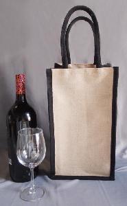 Jute Blend Wine Tote - 2 Bottle -Black Trim - 8"W x 14"H x 4"D