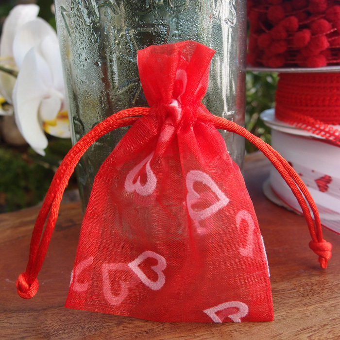 Drawstring Favor Bag with Flocked Hearts