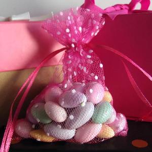 Tulle Bags Hot Pink w/ White Swiss Dots - 10 pc/ pack. 1 pack minimum.