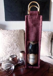 Burgundy Jute Wine Bag Cane Handles - 4" x 4" x 14"