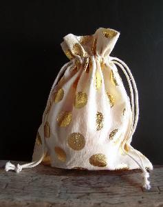 Cotton Bag with Big Gold Metallic Dots  7x9 - 7" x 9"