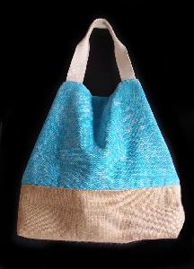 Light Blue Washed Canvas Tote with Burlap - 14"W x 16"H x 5 "D