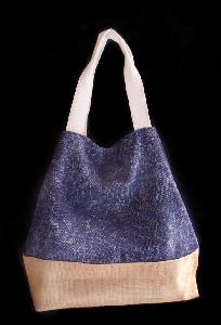 Navy Blue Washed Canvas Tote with Burlap - 14"W x 16"H x 5 "D
