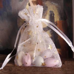 Metallic Star Print Organza Bag White with Gold Stars 3x4