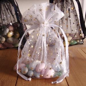 Metallic Star Print Organza Bag White with Gold Stars 5x7