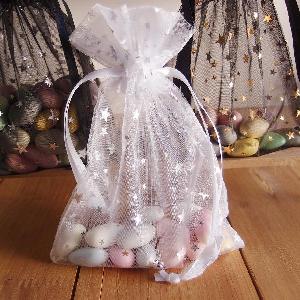 Metallic Star Print Organza Bag White with Silver Stars 5x7