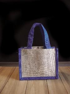 Jute Tote with Navy Blue Trim - 8" x 6" x 4"