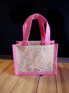 Jute Tote with Pink Trim - 8" x 6" x 4"