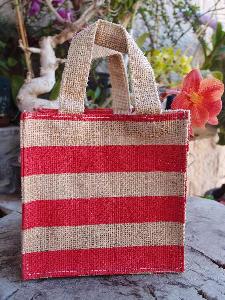 Jute Plant Tote with Red Stripes 6"W x 6"H x 6" - 6"W x 6"H x 6" 