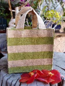 Jute Plant Tote with Green Stripes 6"W x 6"H x 6" - 6"W x 6"H x 6" 