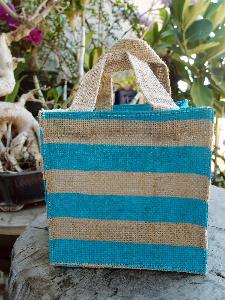 Jute Plant Tote with Blue Stripes 6"W x 6"H x 6" - 6"W x 6"H x 6" 