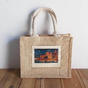 Jute Blend Totes with White Handle & Picture Pocket   - 10"W x 8"H x 5"D
