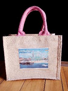 Jute Blend Tote with Pink Trim & Picture Pocket  10" x 8" x 5" - 10" x 8" x 5"