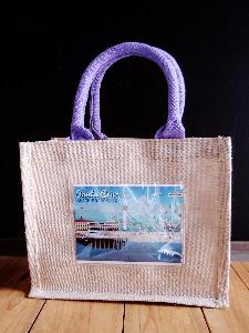 Jute Blend Totes with Purple Trim & Picture Pocket  10" x 8" x 5" - 10" x 8" x 5"