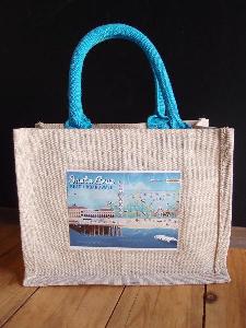 Jute Blend Totes with Blue Trim & Picture Pocket  10" x 8" x 5" - 10" x 8" x 5"