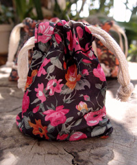 Vintage Floral Print on Black Bag with Cotton Drawstrings - 3" x 4"