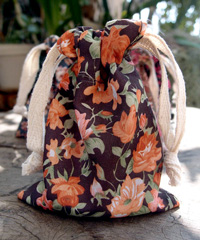 Vintage Floral Print on Black Bag with Cotton Drawstrings - 3" x 4"