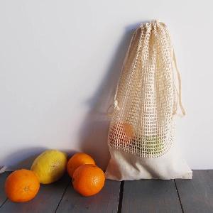 Cotton Net Drawstring Bag with Fabric Trim Bottom 6.5x12 - 6.5" x 12"