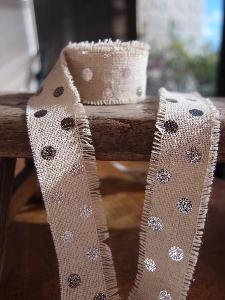 Linen Ribbon with Silver Metallic Dots - Natural linen ribbon with silver metallic dots