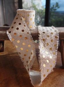 Linen Ribbon with Gold Metallic Dots - Natural linen ribbon with gold metallic dots