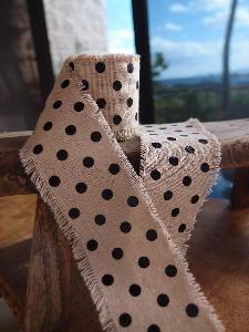 Linen Ribbon with Black Dots - Natural linen ribbon with black dots