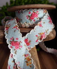 Blue Vintage Floral Ribbon with Scalloped Edge