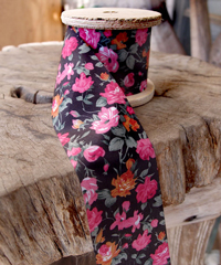 Vintage Floral Print on Black Ribbon