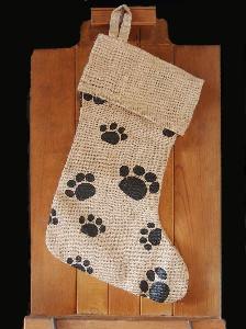 Jute Christmas Stocking with Paw Print 17 inch - 8"W x 17"H x 12"Bottom Width