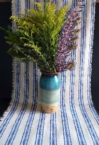 Linen Table Runner Blue Stripes Fringed Edge - 19" x 108"