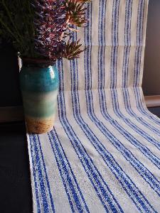 Linen Table Runner Blue Stripes Selvage Edge - 19" x 108"