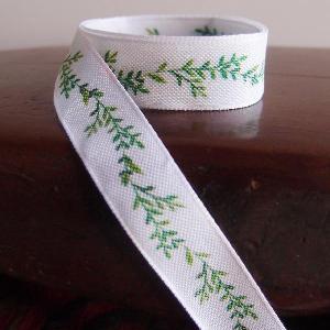 5/8" White ribbon with green leaves  - 5/8" x 10.9 yards