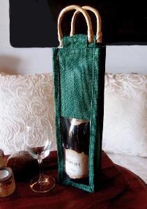 Hunter Green Jute Wine Bag Cane Handles - 4" x 4" x 14"