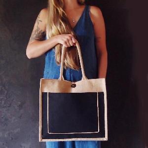 Jute Burlap Tote Bag with Black Pocket 15 ½ x 13 ¾ x 6 inches