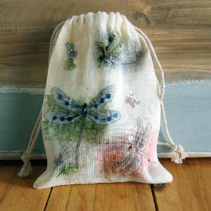 Dragonfly Embellished Drawstring Cotton Bag  - 5" x 7"