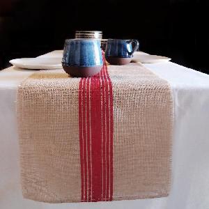 Red Striped Jute Table Runner with Fringed Edge - 108" long x 12.5" wide